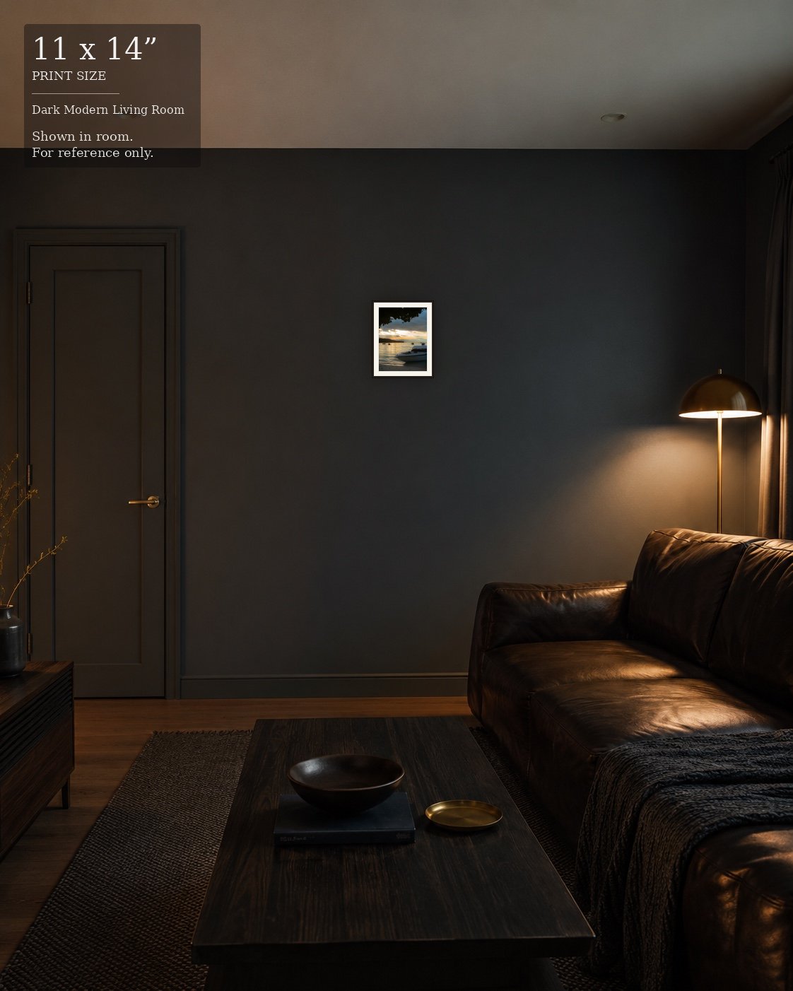Koh Phi Phi Sunset (11×14) displayed in the Dark Modern Living Room