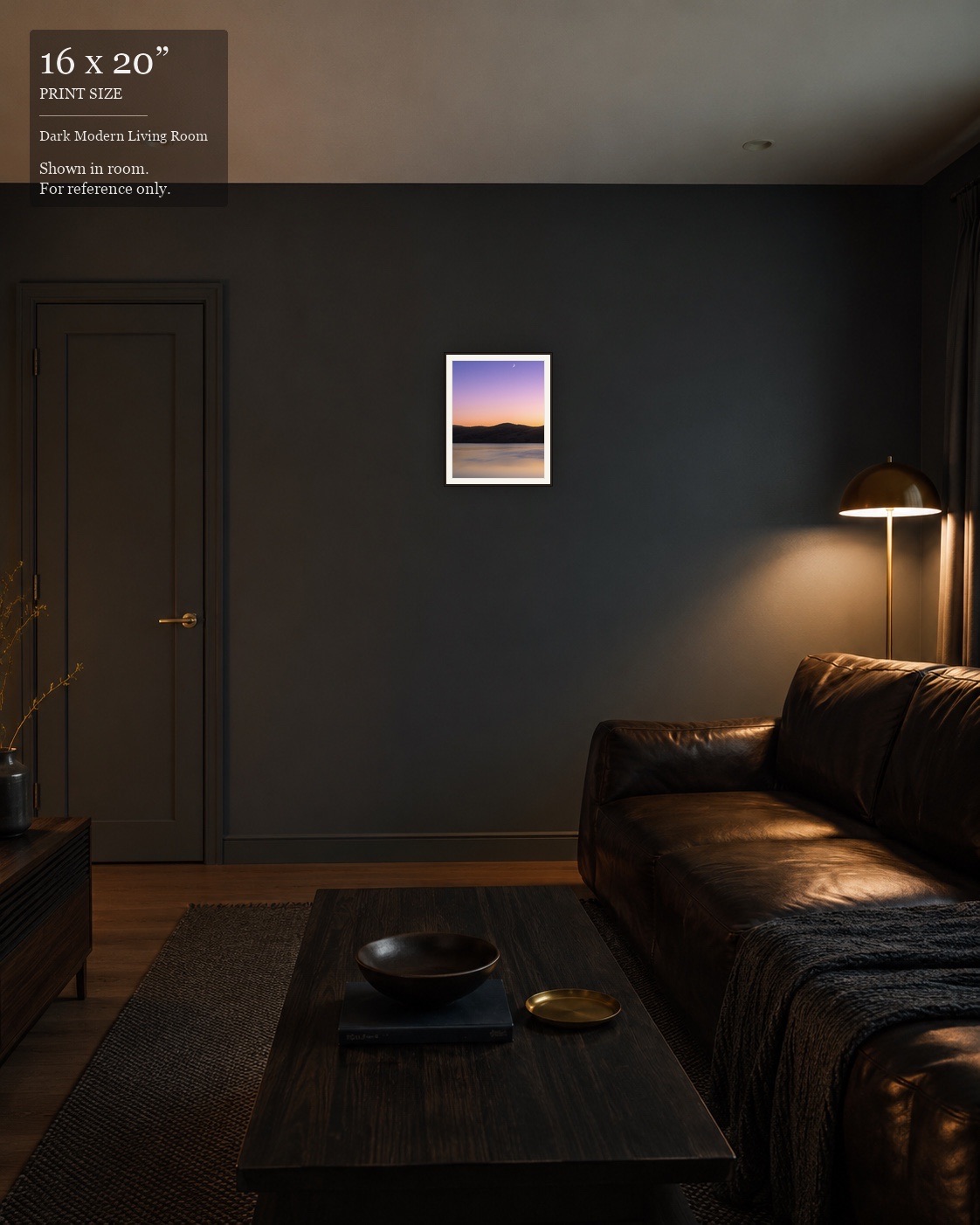 Pastel Sunset Reservoir (16×20) displayed in the Dark Modern Living Room
