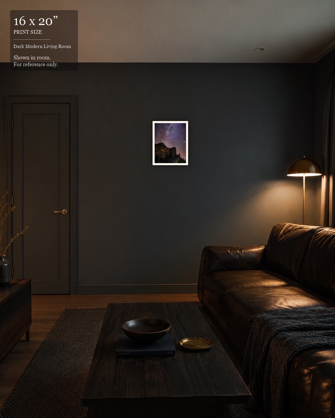 Yosemite Dome Galaxy (16×20) displayed in the Dark Modern Living Room