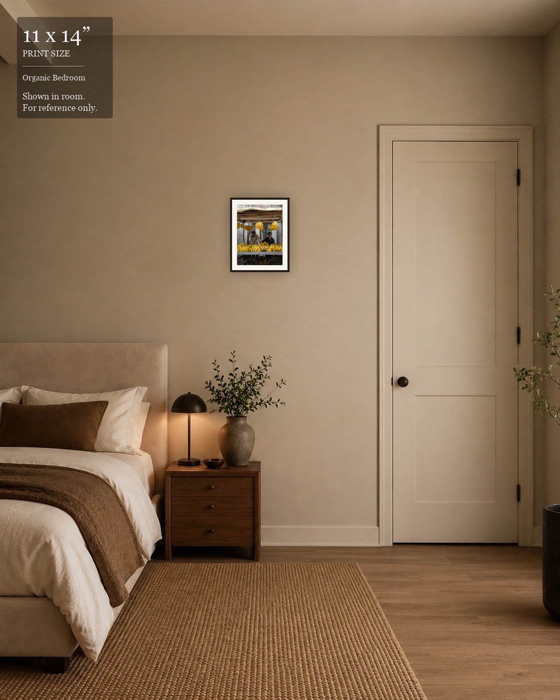 Banana Stand Portrait (11×14) displayed in the Organic Bedroom