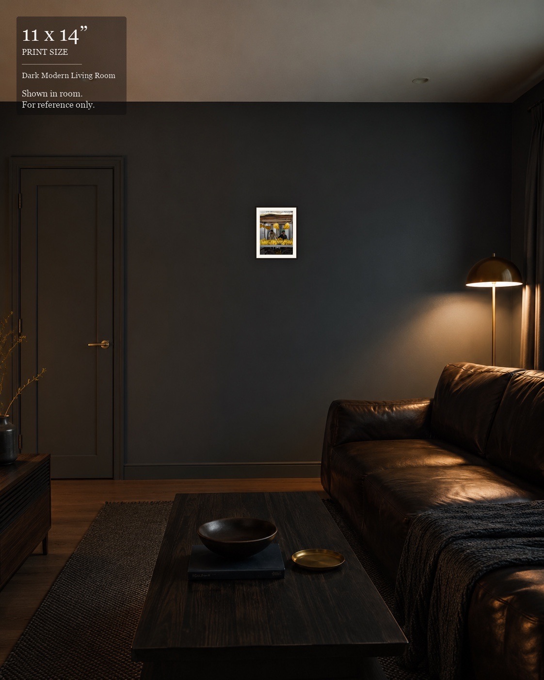 Banana Stand Portrait (11×14) displayed in the Dark Modern Living Room