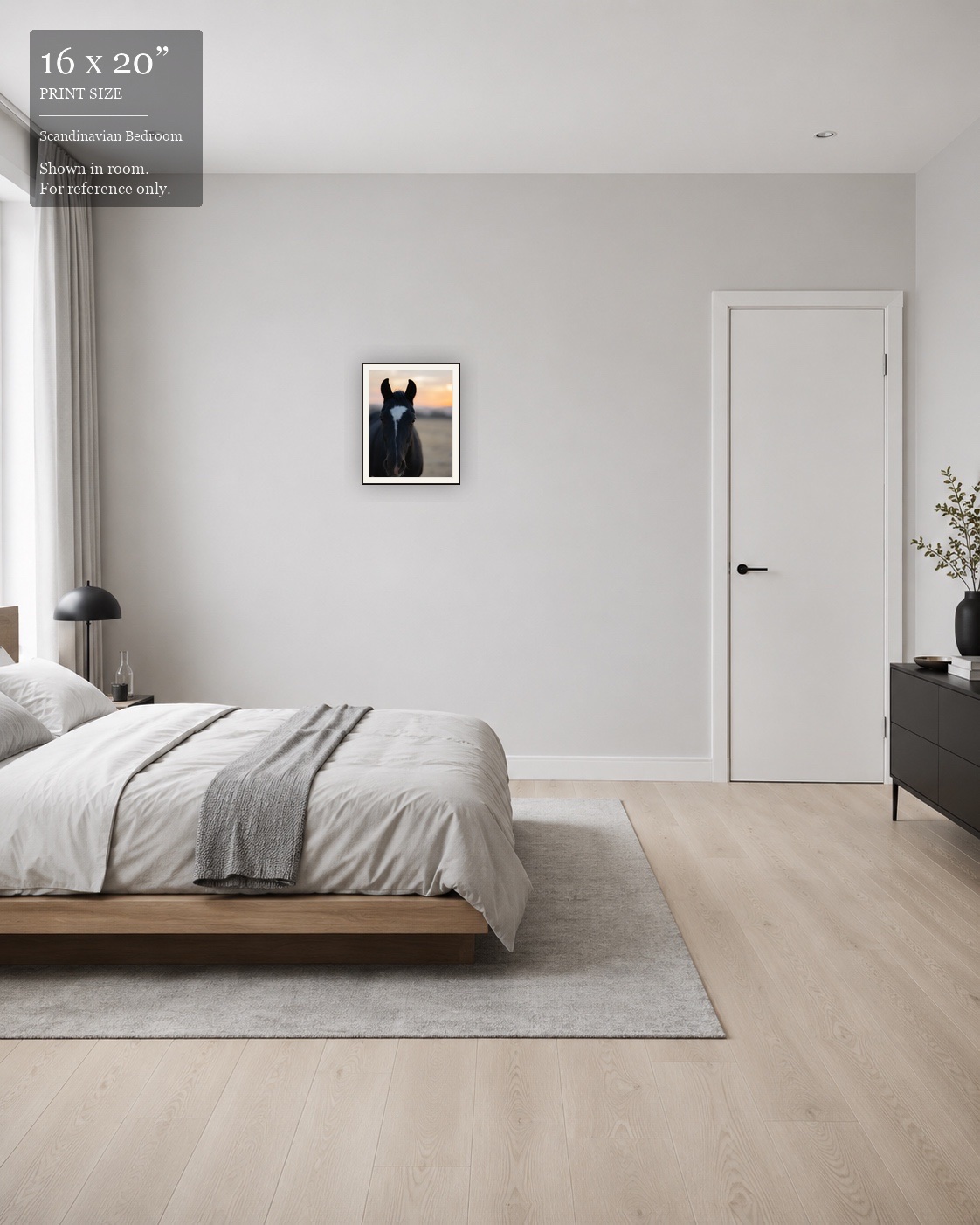 Twilight Mare (16×20) displayed in the Scandinavian Bedroom