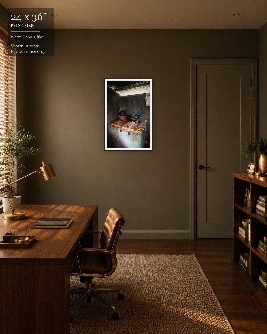 Rural Hearth (24×36) displayed in the Warm Home Office