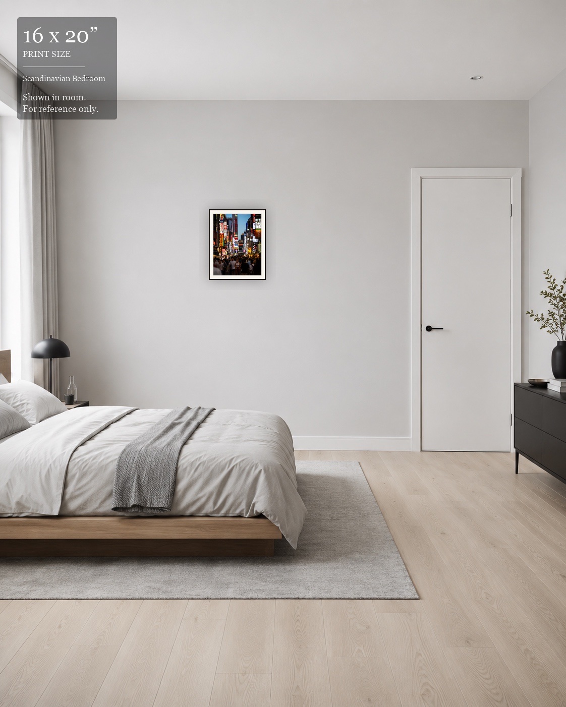 Shinjuku Nights (16×20) displayed in the Scandinavian Bedroom