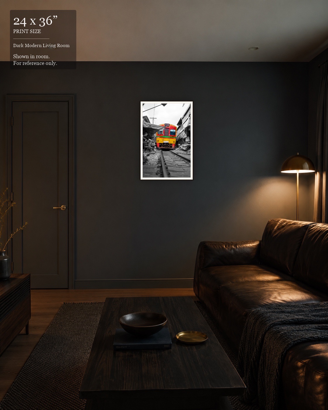 Maeklong Railway Market (24×36) displayed in the Dark Modern Living Room